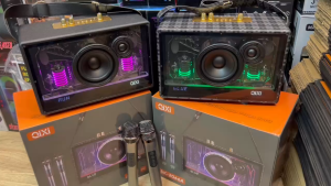 ลำโพงบลูทูธไร้สายรุ่น SK-2066A แถมไมค์ลอย 2ตัว ตู้โปร่งใส เสียงเบสแนน รองรับ AUX TF USB