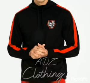 Jaket Funnel Neck Hoodie Alter Ego Bahan Kain Fleecy Warna Abu-abu Misty Muda Garis Lengan Warna Merah Ready Size S/M/L/XL/XXL