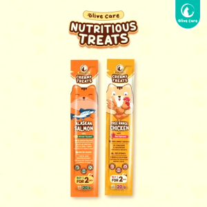 Olive Care SINGLE CREAMY TREATS 16gr & 20gr Snack Cemilan Kucing Bernutrisi dengan Daging Ayam/Salmon/Tuna Asli with Red Spinach/Winter Squash/Highbush Blueberry