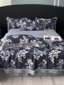 Bộ chăn ga gối cao cấp 100%Tencel 100s Digital Print Bộ 5 món chăn chần hè 2023 phối ren siêu mềm mát mịn