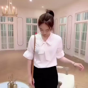 {Shipped From Manila+COD} (S-3XL) Women’s Bow - Tie Neck Puff Sleeve Blouse – Black & White Elegant Fit for OL Office Casual Party & Daily Wear | Trendy Work Attire Shirt Tops