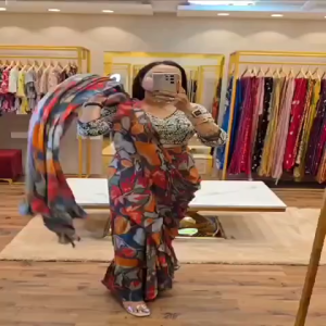 [Pre Order] Free Size Georgette Ready To Wear Ruffle Saree with ReadyMade Blouse and Belt ~ Delivery Lead Time : 10 days