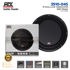 ลำโพงซับวูฟเฟอร์ติดรถยนต์ 10 นิ้ว ลำโพงเบส Subwoofer ยี่ห้อ MTX AUDIO แท้!! มีใบรับประกัน รุ่น 3510-04S ซับบางโครงปั้มอลูมิเนียมสีดำ วอยซ์เดี่ยว แม่เหล็ก 1 ก้อน 4ohm แม่เหล็กหนา 25mm. แม่เหล็กกว้าง 140mm. 600w. PEAK POWER