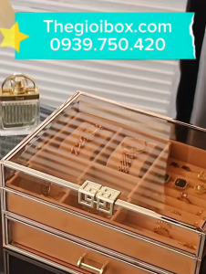 Hộp Trang Sức Kính 2 Tầng Viền Kim Loại Mạ Vàng Hồng Cao Cấp - Hộp Để Trang Sức Vàng Sang Trọng - TSK2T