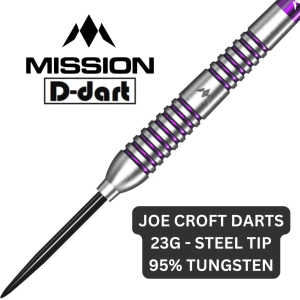 MISSION STEEL TIP DARTS - 23G Joe Croft Silver Purple Electro 95% Tungsten Steel Dart Set (ARROW DART KELULI)