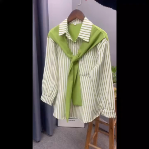 Longgar Kemeja Bergaris Korean Style Modis Kasual Selendang Lengan Panjang Terbaru Atasan Wanita Fashion Loose Polo Shirt
