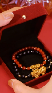 24k Saudi Gold Pawnable Pixiu Bracelet Six-character Motto Obsidian Stone Bracelet Mens Birthday Gift