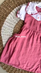 Dress Anak Perempuan Kombinasi Model Korean Style Bahan Polo Linen Usia 3-10 Tahun Baju