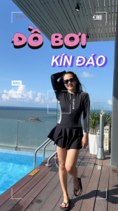 [CÓ BIGSIZE] Đồ bơi nữ tay dài bikini liền thân váy chống nắng kín đáo đen phối xám thiết kế thể thao