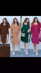 Plus Size 2 Piece Set: Sando Dress with Front High Slit and Long Sleeve Shirt Plus Size Blazer with Dress