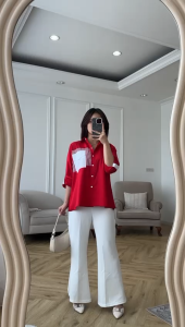 SJM KEMEJA MERAH PUTIH POCKET FULL KANCING HIDUP MERAH PUTIH LENGAN LIPAT KATUN POPLIN 8216