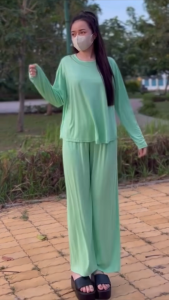 Đồ bộ nữ set đồ bộ quần ống rộng đai cao có túi và áo tay dài thể thao vải thun lạnh lụa dẻo đồ mặc ở nhà nữ ủ kem