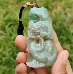 Green with Red Patches Natural Type A Jadeite Pendant Necklae Crafted with Old School Phoenix and ruyi with certificate weigh 50.24 grams 67.7 * 35 * 11.8 mm symbols of Good luck and a good life noble authority (pendant23)