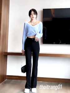 Quần ống loe Choobe lưng cạp cao 2 cúc baggy vải nữ dài suông loe culottes màu đen nâu ghi sữa