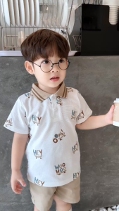 Set bộ polo cổ dệt cho bé trai họa tiết in chữ kèm quần short kaki size 1 đến 7 tuổi BERNIE 0724B02