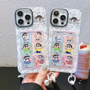 น่ารักเครยอนชินจังกรณีบัตรกรณีศัพท์สำหรับ iPhone 11 12 13 14 15 Pro Max บวก TPU ปกอ่อนด้วยเชือกแขวนสำหรับ IPhone13ปลอก