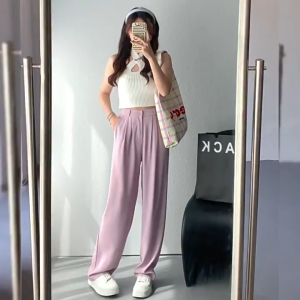 Women High Waist Elastic Straight Leg Pants Korean Style Suit Pant