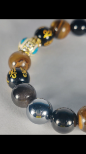 Anti Evil Eye \"Nazar\" with Rhinestones Tiger Eye Onyx Terahertz Mantra and Silver Sheen Obsidian Ultimate Protection Bracelet Made from natural Stones