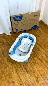 Chậu tắm gấp gọn cao cấp kèm phao nằm tắm 9BABY màu xanh biển