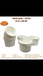 Paper Bowl ukuran 800 Ml Plus Tutup Mangkok Kertas (Isi 25 Pcs-PBLW800)