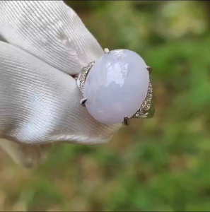 S925 Setting with Lavender Cabochon 15.6 * 12.3 * 5.2 mm Natural Type A Jadeite Jade Ring with certificate weigh 3.23 grams finger size adjustable (s925ring4)