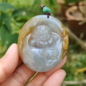 Collectible Yellow with light green Natural Type A Jadeite Jade Pendant Necklace crafted as Milo Buddha certificate included weigh 38.28 grams measurement 48.7 * 42.8 * 11 mm (pendant184)
