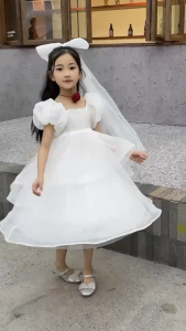 Uniqkids Dress with Short Puff Sleeves and Square Collar Flower Girl Mesh White Dress for Wedding Dresses with Headwear