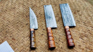 Bộ Dao bếp Phúc Sen thép nhíp xe 3 món cao cấp chặt thái lọc đa năng cán gỗ quý cẩm chỉ khâu đồng