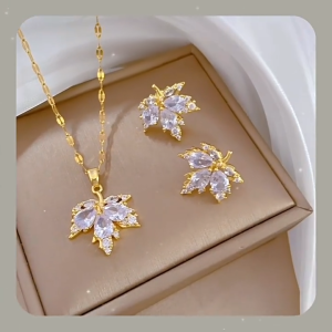 Original 916 Gold Maple Leaf Full Diamond Banquet Jewelry Necklace Earring Set 2 Pieces
