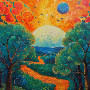 Tranh phong cảnh con đường nhỏ xuyên qua khu rừng chiều hoàng hôn tranh treo tường dán tường decor nội thất.CGI-809