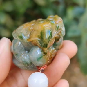 Super Rare Green and Brown Natural Type A Jadeite Jade crafted with Vermilion bird as pendant with certificate weigh 59.21 grams measurement 45.8 * 32 * 27.3 mm (pendant231)