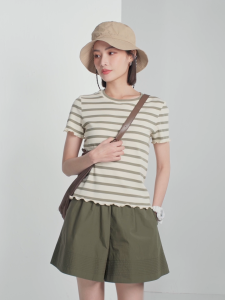 GIORDANO Áo Phông Nữ Sóng Cốp Co Giãn Sườn Tee Cổ Tròn Tay Ngắn Sọc Đơn Giản Mùa Hè Thời Trang Áo Phông Free Shipping 18324902