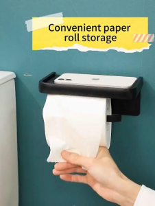 MEIDOO Tempat handuk kertas logam aluminium dengan rak penyimpanan ponsel untuk kamar mandi modern