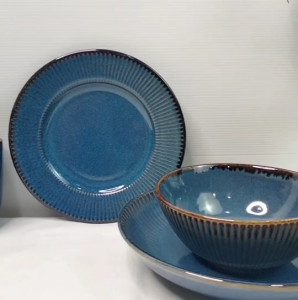 ถ้วยเซรามิค จานชาม ขนาด 6-9 นิ้ว รุ่น ลายขีด สี น้ำเงินขอบน้ำตาล ชุดถ้วยจาน เคลือบเงาอย่างดี