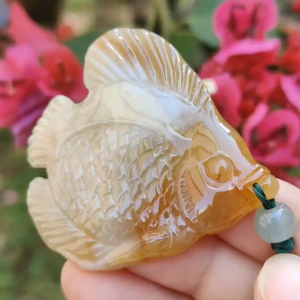Yellow Natural Type A Jadeite Pendant carved as Fish with certificate weigh 28.33 grams 55 * 50.2 * 7 mm meaning Many sons and many blessings full of children and grandchildren and Life is harmonious and smoothfree from worries and sorrows (pendant77)