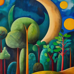 Tranh phong cảnh trừu tượng cách điệu đêm trăng khuyết trong khu rừng tranh treo tường dán tườngCGI-810