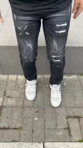 Celana Jeans Panjang Pria Sobek Ripped Denim Stretch Jeans Slim Fit Grey