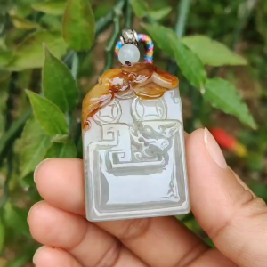 Collectible Rare Brown with Red Natural Type A Jadeite Pendant Necklace crafted with Bat Coins Old school Style Dragon and chinese word blessing Symbols of Money Luck and lots of blessing Certificate included weigh 25.61 grams 45.5 * 29.9 * 7.5 mm