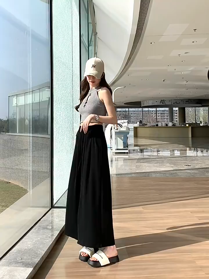 Ginza6 Wide Leg Pants Casual Drawstring High Waist Draped Pants With Pockets Womens Clothing 9881