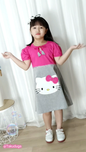 Baju Pakaian Anak Cewek Perempuan Dress Kaos Katun Usia 3-8 Tahun Bordir Hello Kitty