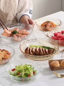 3in1 Round Borosilicate Glass Baking Pan Pie Main Dish Serving Bowl Plates Side Handle Soft Edge Microwave Oven Bakeware