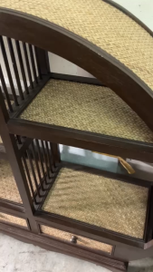 ตู้ไม้ ชั้นวางของ ทรงกลม  ไม้เนื้อแข็ง แต่งหวาย สูง100cm xกว้าง100cm ลึก 29cm 4 ช่อง 2 ลิ้นชัก  ตู้ร้านสปา ตู้เอนกประสงค์