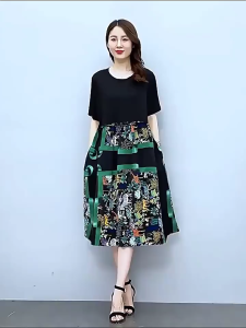 Plus Size Korean Style Women Ladies Fashion Casual Short Sleeve Elegant A-line Midi Dress New Popular Patchwork Floral Dress Vestidos Female