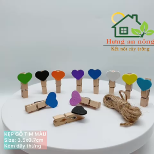 Sét 10 kẹp gỗ màu hình trái tim treo hình ảnh làm sự kiện tiệc tặng 2 mét dây thừng size 0.7x3.5cm ( xem trong mô tả )..
