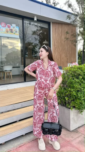 P20766  Set 2 ชิ้น เสื้อเชิ้ตครอปลายกราฟฟิก + กางเกงขายาว