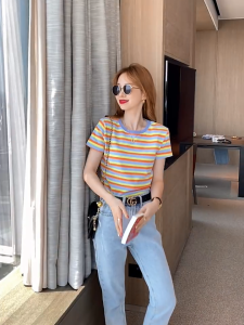 Korean style t shirt for woman Striped short-sleeved summer slim T-shirt tops