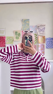 Freya Crop Blouse / Blouse Polo Rajut / Zahira Crop / Motif Garis / Berkerah /