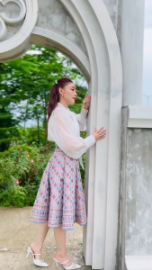 กระโปรงบานเอวสูง (เฉพาะกระโปรง) ผ้าไทย ผ้าไหมแกมฝ้าย สีน้ำตาลอมแดง Sเอสฟ้า มีไซส์