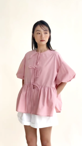 Chicka Chicka - Áo kate tay lỡ thắt nơ phía trước màu hồng