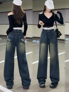 chen shop กางเกงยีนส์ขายาวเอวสูงทรงกระบอก แต่งขาดขอบเอวและกระเป๋าด้านหลัง วินเทจ แนวสวยสุดฮิตวัยรุ่นมากๆ